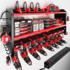 imageKAFAHOM Power Tool Organizer with Charging Station Built in 8 Outlet Power StripLarge 8 Drill Holder Wall Mount Heavy Duty Metal Power Tool Storage Rack Tool Shelf for Garage Organization BlackRed32 inches