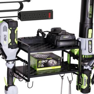 imageKAFAHOM Leaf Blower and Weed Eater Rack with Charging Station Lawn Power Tool Organizer Wall Mount Lawn Tool Storage Rack for Leaf Blower Weed Eater Battery Charger RedBlack