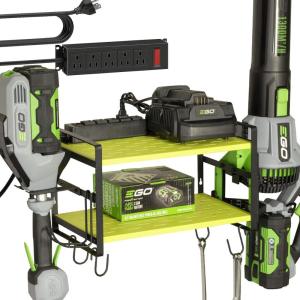 imageKAFAHOM Leaf Blower and Weed Eater Rack with Charging Station Lawn Power Tool Organizer Wall Mount Lawn Tool Storage Rack for Leaf Blower Weed Eater Battery Charger RedGreen