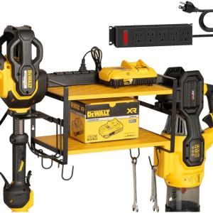 imageKAFAHOM Leaf Blower and Weed Eater Rack with Charging Station Lawn Power Tool Organizer Wall Mount Lawn Tool Storage Rack for Leaf Blower Weed Eater Battery Charger RedOrange