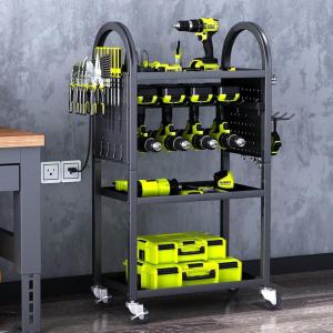 imageKAFAHOM Power Tool Organizer  4 Tier Rolling Tool Cart with 812 Drill HolderTool Storage Cart on Wheels  Heavy Duty Metal Utility Tool Shelf for Garage Workshop Warehouse ampamp Repair ShopBlackno Power
