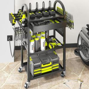 imageKAFAHOM Power Tool Organizer  4 Tier Rolling Tool Cart with 812 Drill HolderTool Storage Cart on Wheels  Heavy Duty Metal Utility Tool Shelf for Garage Workshop Warehouse ampamp Repair ShopBlackwith Drawer and Power