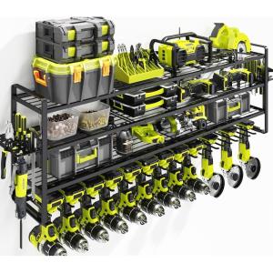 imageKAFAHOM Power Tool Organizer Wall Mount 4Tier Drill Holder for Cordless Tools 2Pack Set Garage Storage Rack with Side Hooks for Hammers ampamp Pliers Tool Organizer for WorkshopUtility RoomBlack4L13D