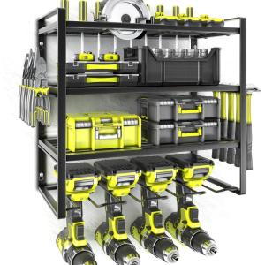 imageKAFAHOM Power Tool Organizer Wall Mount 4Tier Drill Holder for Cordless Tools 2Pack Set Garage Storage Rack with Side Hooks for Hammers ampamp Pliers Tool Organizer for WorkshopUtility RoomBlack1Pack