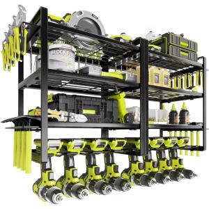 imageKAFAHOM Power Tool Organizer Wall Mount 4Tier Drill Holder for Cordless Tools 2Pack Set Garage Storage Rack with Side Hooks for Hammers ampamp Pliers Tool Organizer for WorkshopUtility RoomBlack2Pack