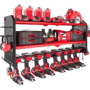 imageKAFAHOM Power Tool Organizer for Tool Storage 8 Drill Holder Wall Mount Tool Holder and Storage Rack for Garage Organization Heavy Duty Metal Tool Shelf with Air toolScrewdriverHammer HolderRed