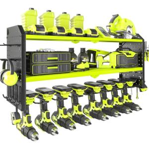 imageKAFAHOM Power Tool Organizer for Tool Storage 8 Drill Holder Wall Mount Tool Holder and Storage Rack for Garage Organization Heavy Duty Metal Tool Shelf with Air toolScrewdriverHammer HolderGreen