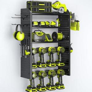 imageKAFAHOM Power Tool Organizer for Tool Storage 8 Drill Holder Wall Mount Tool Holder and Storage Rack for Garage Organization Heavy Duty Metal Tool Shelf with Air toolScrewdriverHammer HolderBlack6L8D