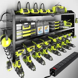 imageKAFAHOM Power Tool Organizer with Charging Station Built in 8 Outlet Power StripLarge 8 Drill Holder Wall Mount Heavy Duty Metal Power Tool Storage Rack Tool Shelf for Garage Organization BlackBlack32 inches