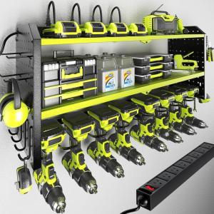 imageKAFAHOM Power Tool Organizer with Charging Station Built in 8 Outlet Power StripLarge 8 Drill Holder Wall Mount Heavy Duty Metal Power Tool Storage Rack Tool Shelf for Garage Organization BlackGreen32 inches