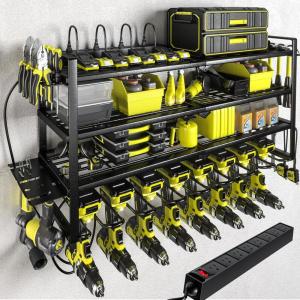 imageKAFAHOM Power Tool Organizer with Charging Station Built in 8 Outlet Power StripLarge 8 Drill Holder Wall Mount Heavy Duty Metal Power Tool Storage Rack Tool Shelf for Garage Organization BlackBlack32 inches4L