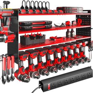 imageKAFAHOM Power Tool Organizer with Charging Station9 Drill Holder Wall Mount4 Layer Heavy Duty Metal Cordless Drill Storage for Garage OrganizationBattery Tool Rack Built in 7 Outlet Power Strip RedRed with Power