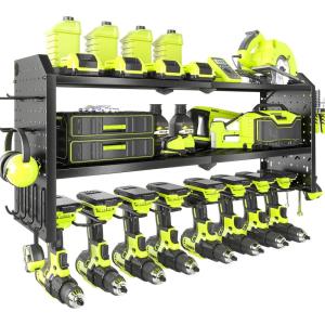 imageKAFAHOM Power Tool OrganizerLarge 8 Drill Holder Wall Mount with 2 Side PegboardsMetal Tool Shelf with 12 HooksStorage Rack for Garage OrganizationUtility Cordless Drill Holder  BlackBlack