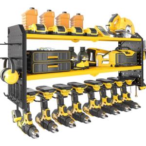 imageKAFAHOM Power Tool OrganizerLarge 8 Drill Holder Wall Mount with 2 Side PegboardsMetal Tool Shelf with 12 HooksStorage Rack for Garage OrganizationUtility Cordless Drill Holder  BlackYellow3L8D