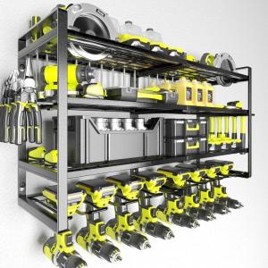 imageKAFAHOM Power Tool OrganizerLarge 8 Drill Holder Wall Mount with 2 Side PegboardsMetal Tool Shelf with 12 HooksStorage Rack for Garage OrganizationUtility Cordless Drill Holder  BlackBlack4L8D