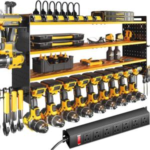 imageKAFAHOM Power Tool Organizer with Charging Station 8 Drill Holder 3 Layers Tool Storage Shelf Wall Mount Built in 8 Outlet Power StripTool Battery Holder with ScrewdriverHammerYellow with Power