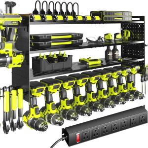imageKAFAHOM Power Tool Organizer with Charging Station 8 Drill Holder 3 Layers Tool Storage Shelf Wall Mount Built in 8 Outlet Power StripTool Battery Holder with ScrewdriverHammerBlack with Power