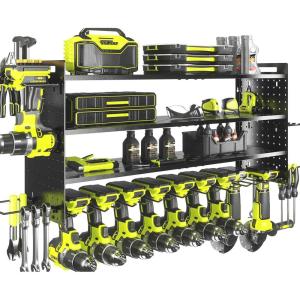 imageKAFAHOM Power Tool Organizer with Charging Station 8 Drill Holder 3 Layers Tool Storage Shelf Wall Mount Built in 8 Outlet Power StripTool Battery Holder with ScrewdriverHammerBlack